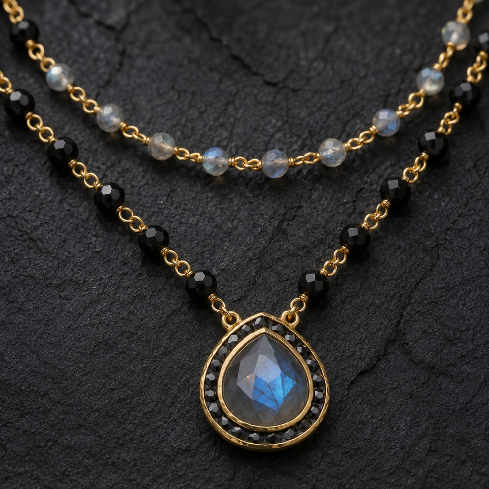 19"/20" + 2" 14 Karat Gold Plated Labradorite and Black Onyx Necklace