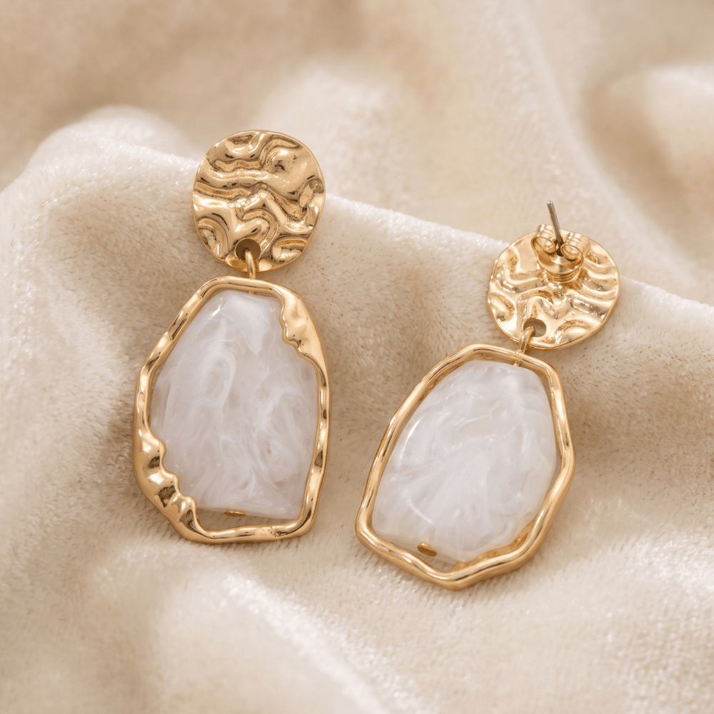 Gold Tone Textured Disc and White Marble Acrylic Drop Fashion Earrings
