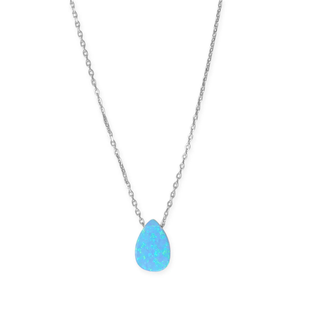 16" + 2" Rhodium Plated Synthetic Opal Pear Necklace