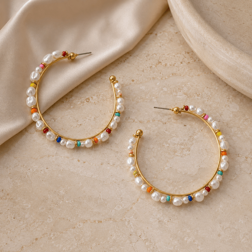 Gold Tone Rainbow Seed Bead and Imitation Pearl 3/4 Fashion Hoop Earrings