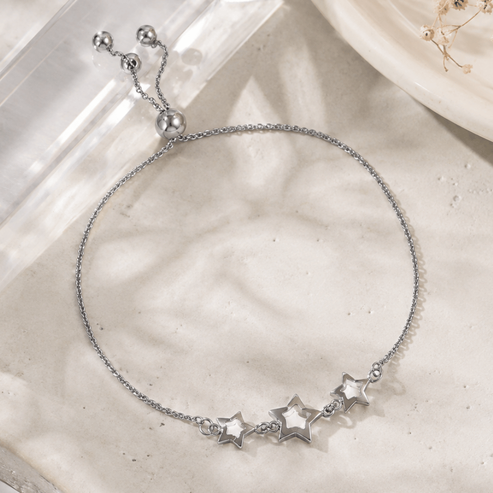Adjustable Rhodium Plated 3 Star Bolo Bracelet