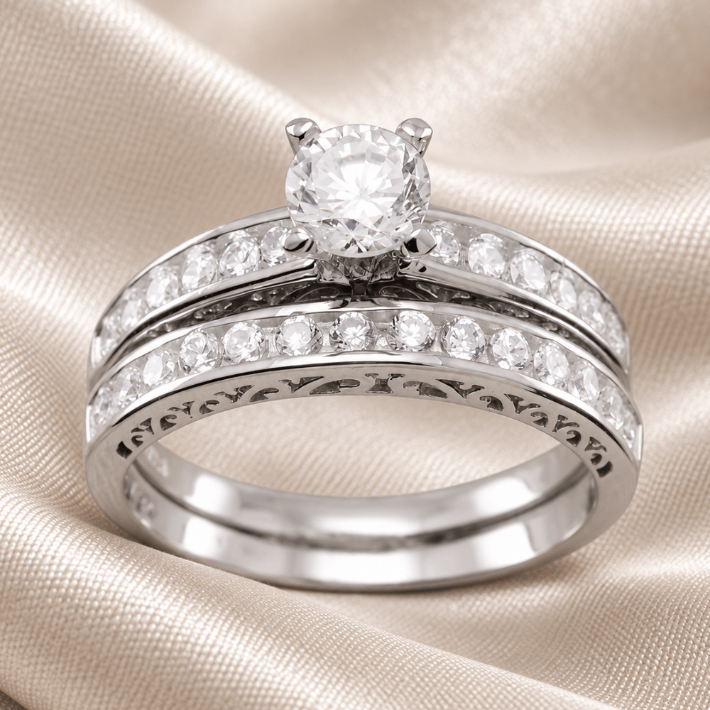 Rhodium Plated Wedding Band Set