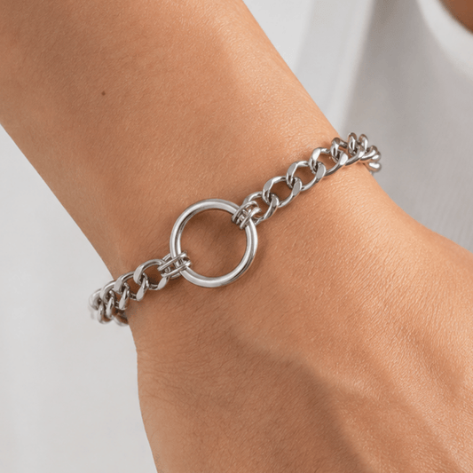 7" + 2" Silver Tone Curb Chain O-Ring Fashion Bracelet