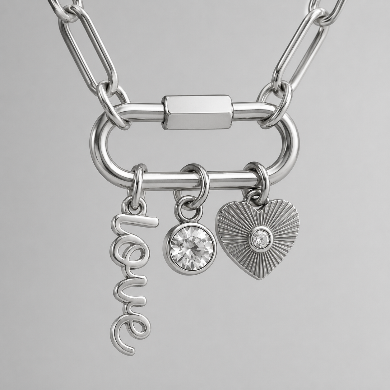 18" + 2" Stainless Steel Carabiner Love Charm Necklace