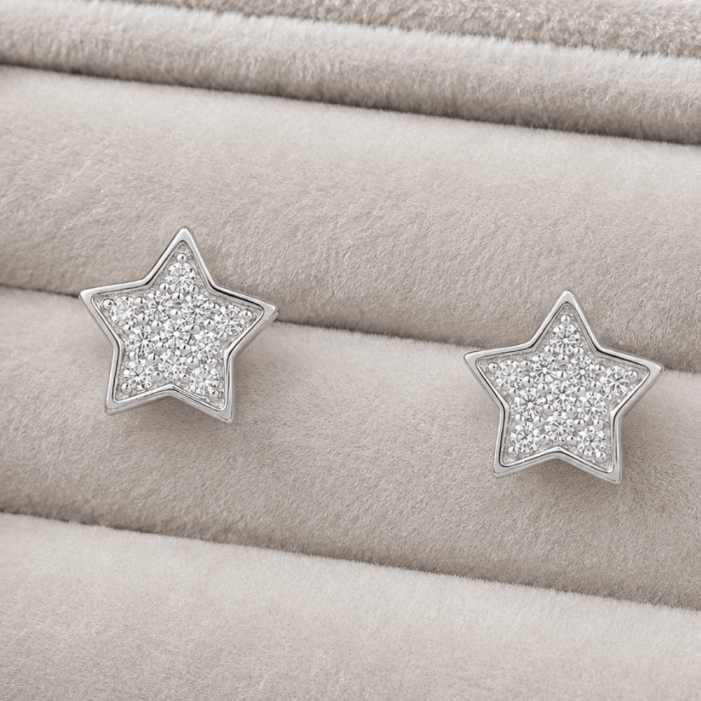 Rhodium Plated CZ Star Stud Earrings