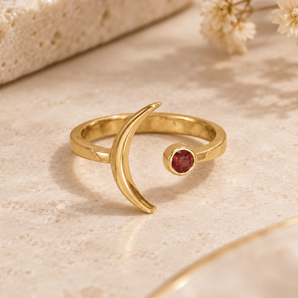14 Karat Gold Plated Moon and Garnet Ring
