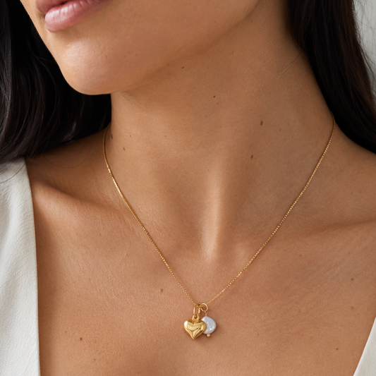 18" 14 Karat Gold Plated Puffy Heart and Cultured Freshwater Coin Pearl Necklace