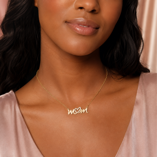 16" + 2" 14 Karat Gold Plated CZ Heart "mom" Necklace