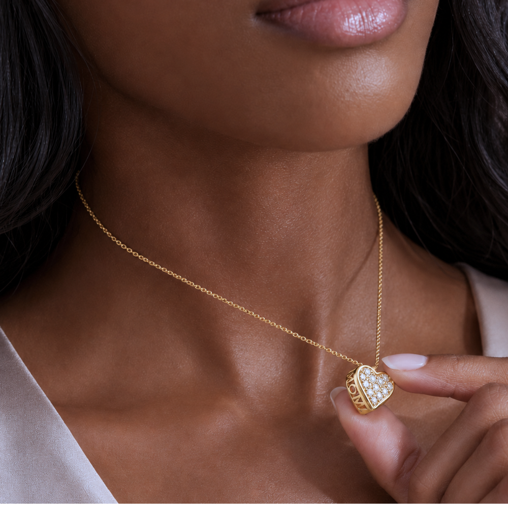 16" + 2" 14 Karat Gold Plated Pave CZ Heart "MOM" Necklace