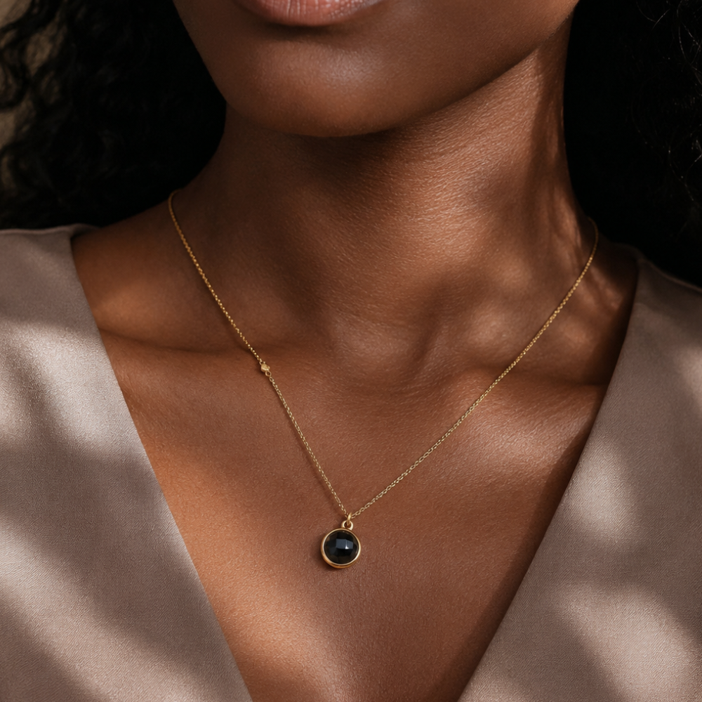 16" + 2" 14 Karat Gold Plated Faceted Black Onyx Necklace