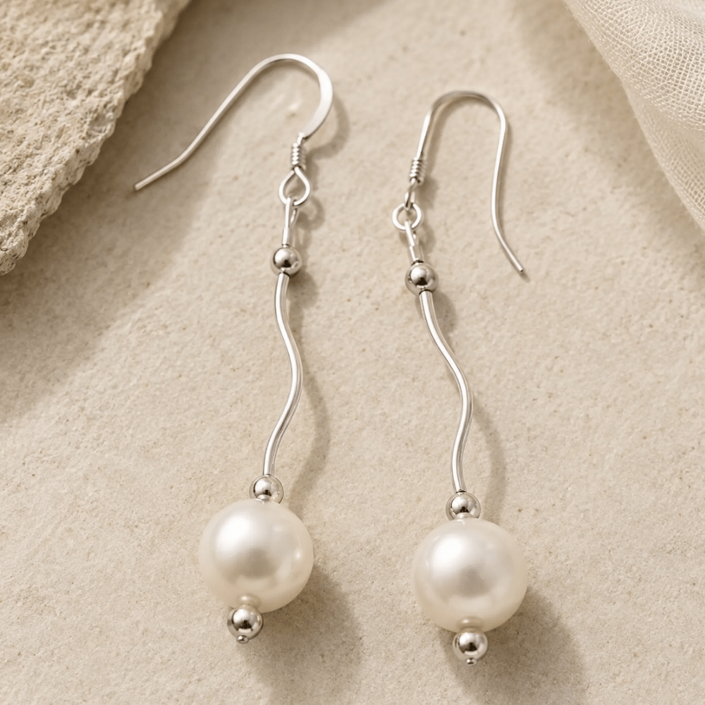 Wave Design Earrings with Cultured Freshwater Pearl Drop