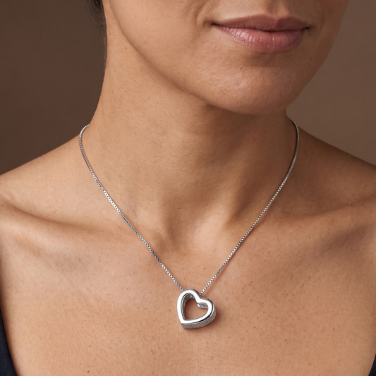 16" + 2" Rhodium Plated CZ Lined Floating Heart Necklace