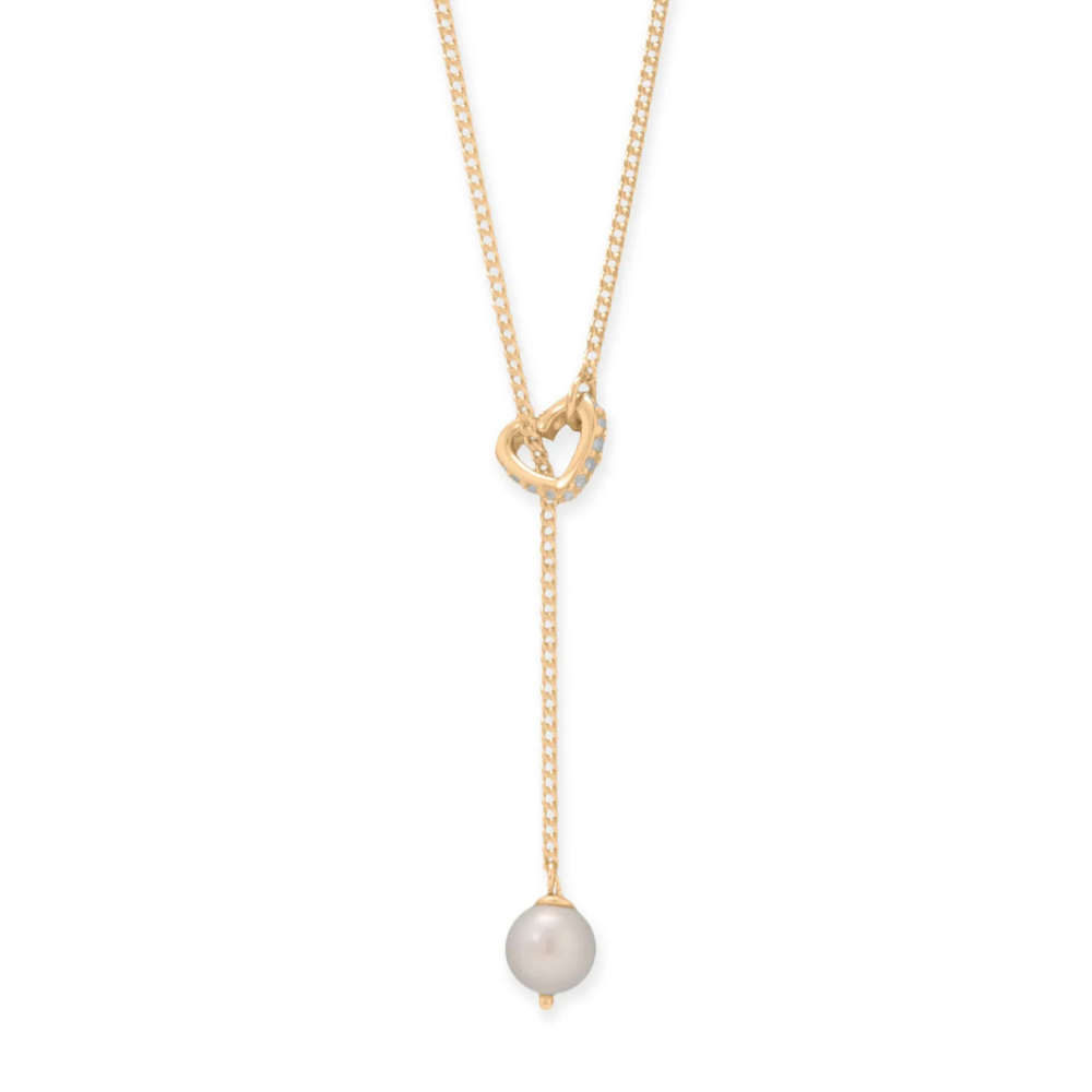 16" + 2" 14K Gold Plated Cultured Freshwater Pearl & CZ Heart Lariat Necklace