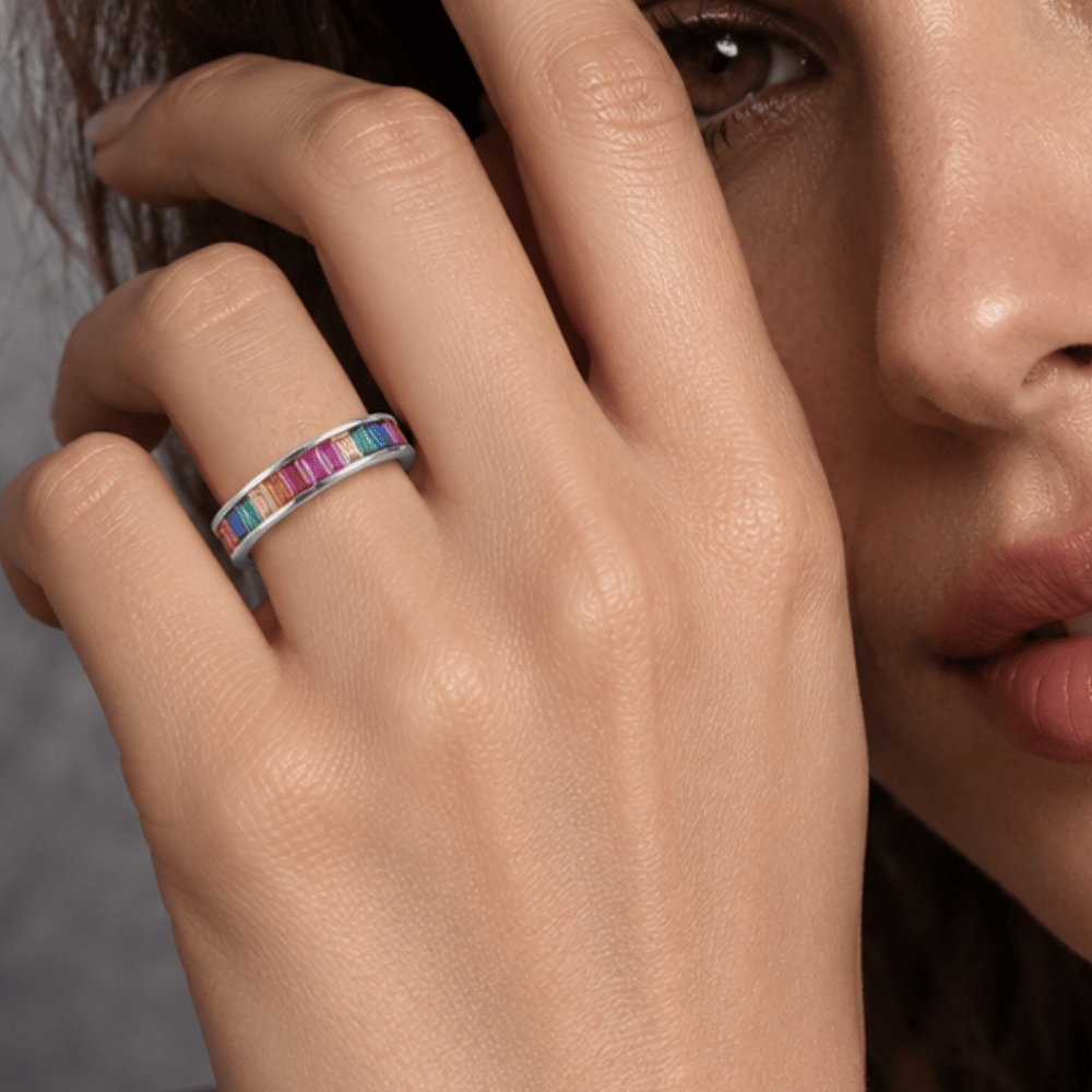 Rhodium Plated Rainbow CZ Ring
