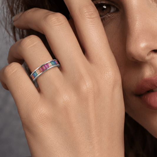 Rhodium Plated Rainbow CZ Ring