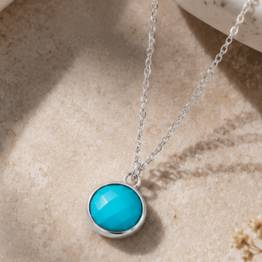 16" + 2" Rhodium Plated Faceted Turquoise Necklace