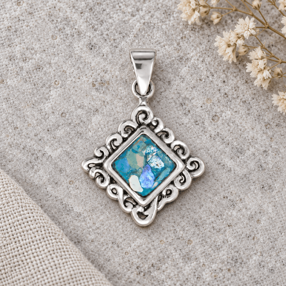 Oxidized Square Roman Glass Swirl Edge Pendant