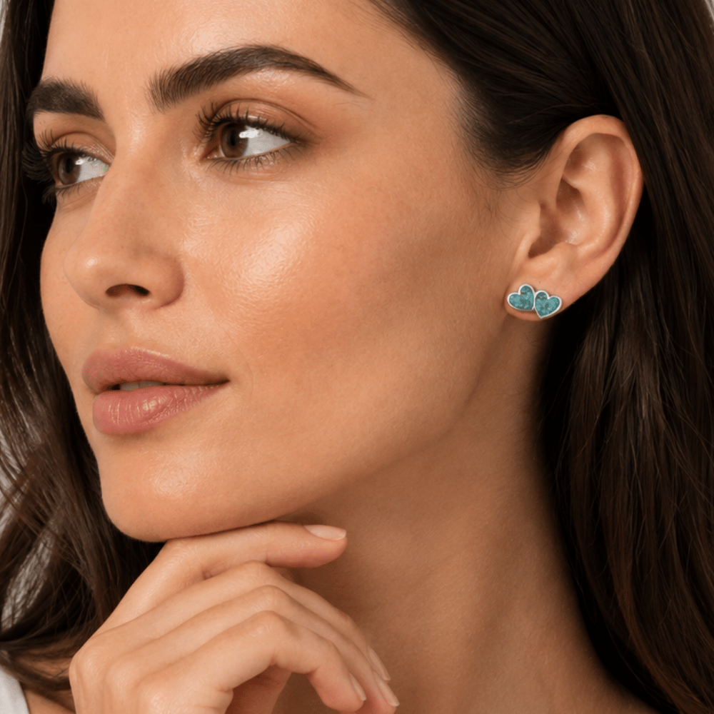Turquoise Chip Double Heart Stud Earrings