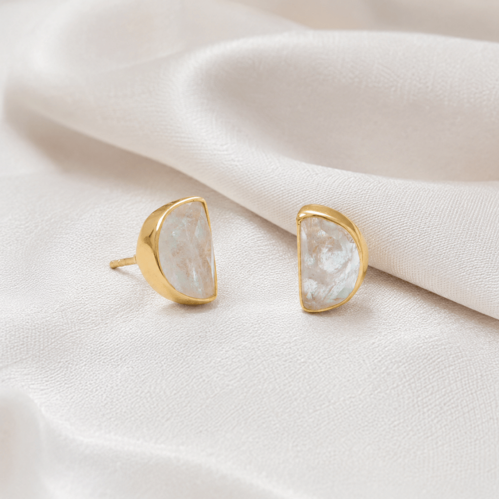 14 Karat Gold Plated Half Moon Rainbow Moonstone Post Earrings