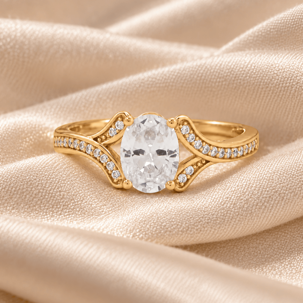 14 Karat Gold Plated Solitaire Oval Ring with CZ Band - view 3