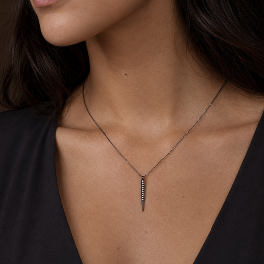 16" Small Black Rhodium Plated Diamond Studded Spike Necklace