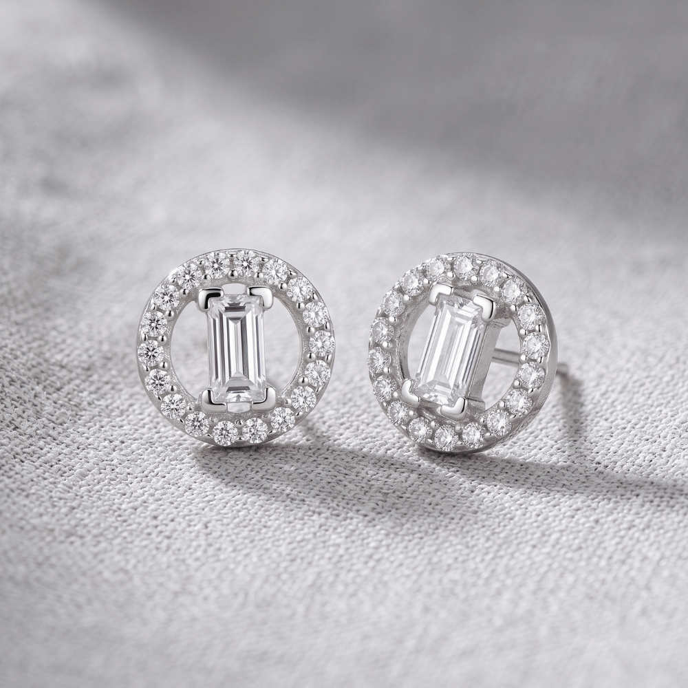 Baguette and Halo CZ Stud Earrings - Rhodium Plated - view 2