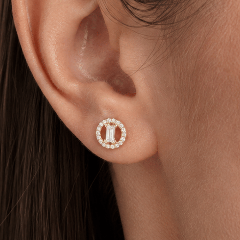 Baguette and Halo CZ Stud Earrings - 14 Karat Gold Plated