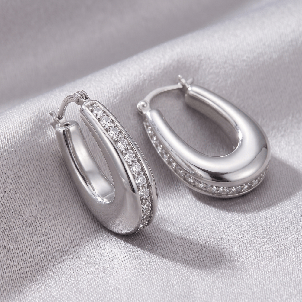 Hollow CZ Oblong Hoop Earrings