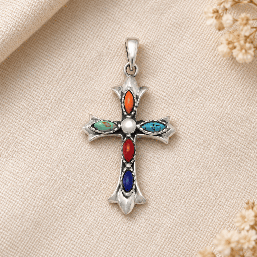 Oxidized Multicolor Stone Cross Pendant