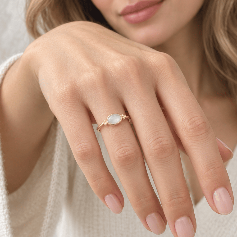 14 Karat Gold Plated Dainty Rainbow Moonstone Ring