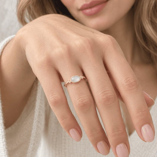 14 Karat Gold Plated Dainty Rainbow Moonstone Ring