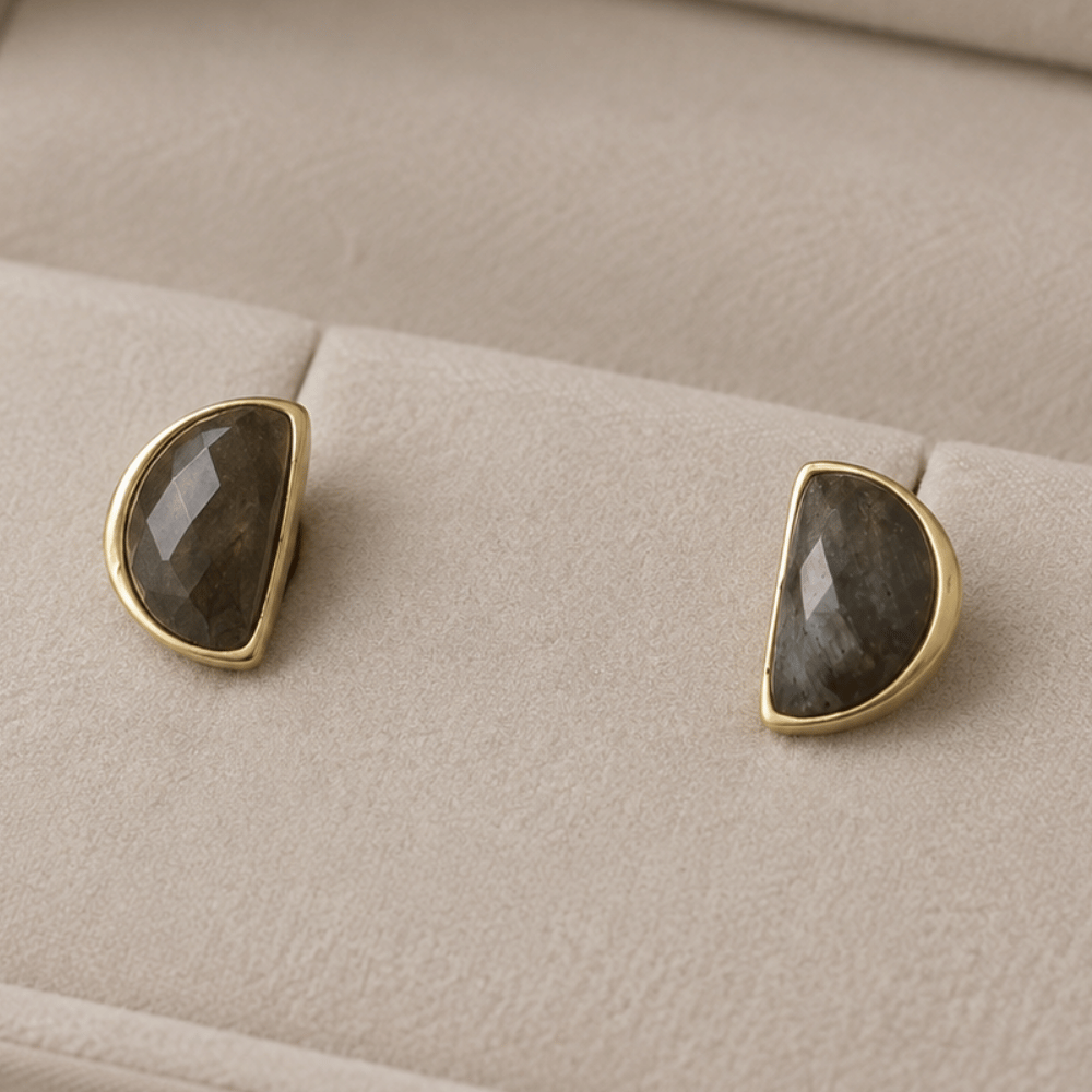 14 Karat Gold Plated Half Moon Labradorite Studs