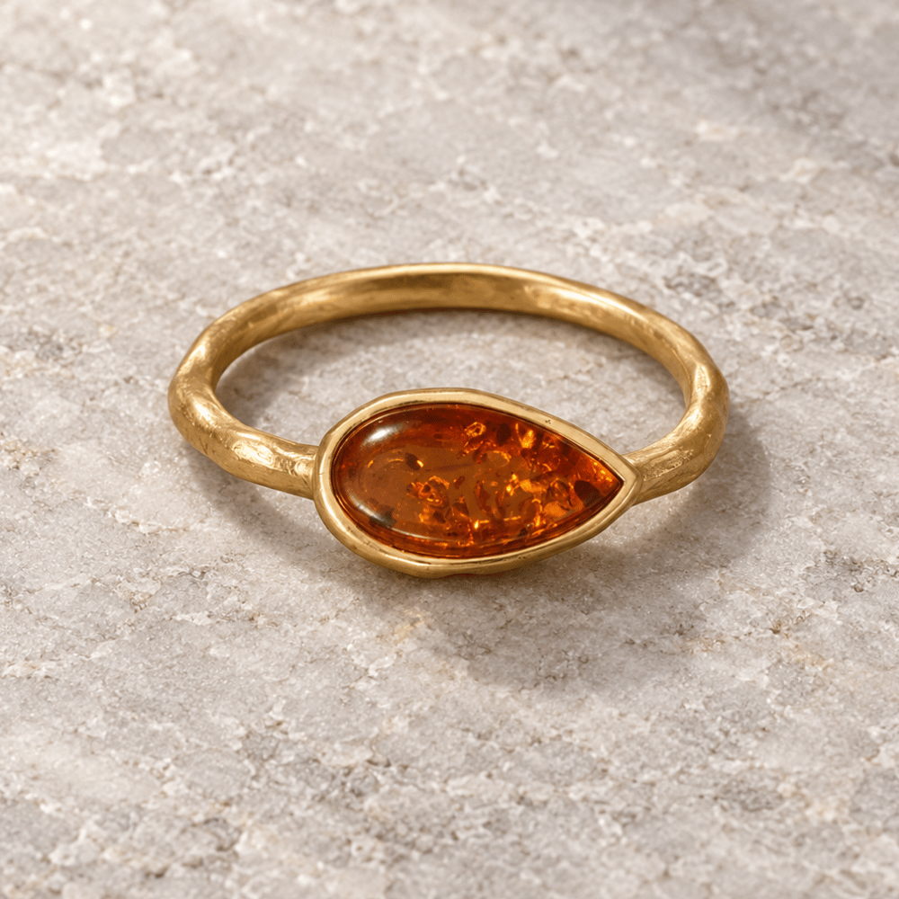 24 Karat Gold Plated Pear Baltic Amber Ring