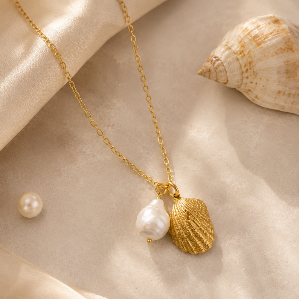 16" + 2" 14 Karat Gold Plated Shell and Pearl Necklace