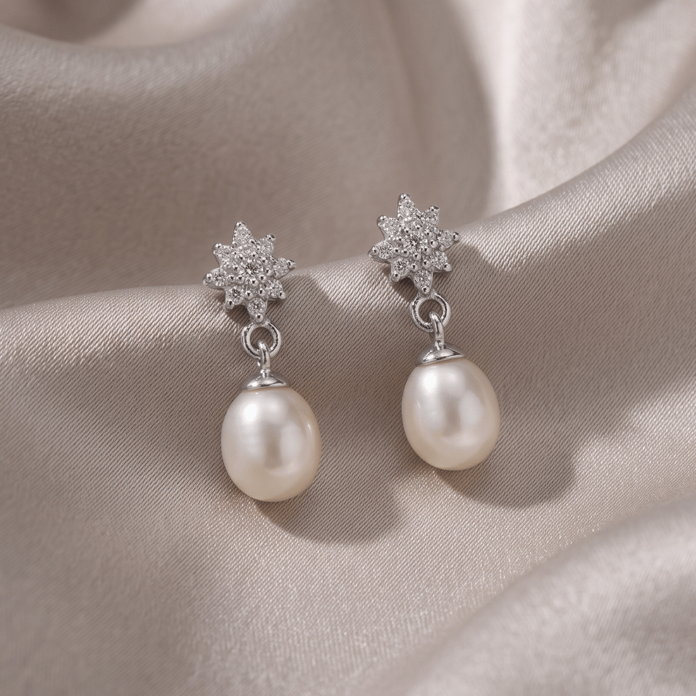 CZ Flower Post with Cultured Freshwater Pearl Drop Earrings