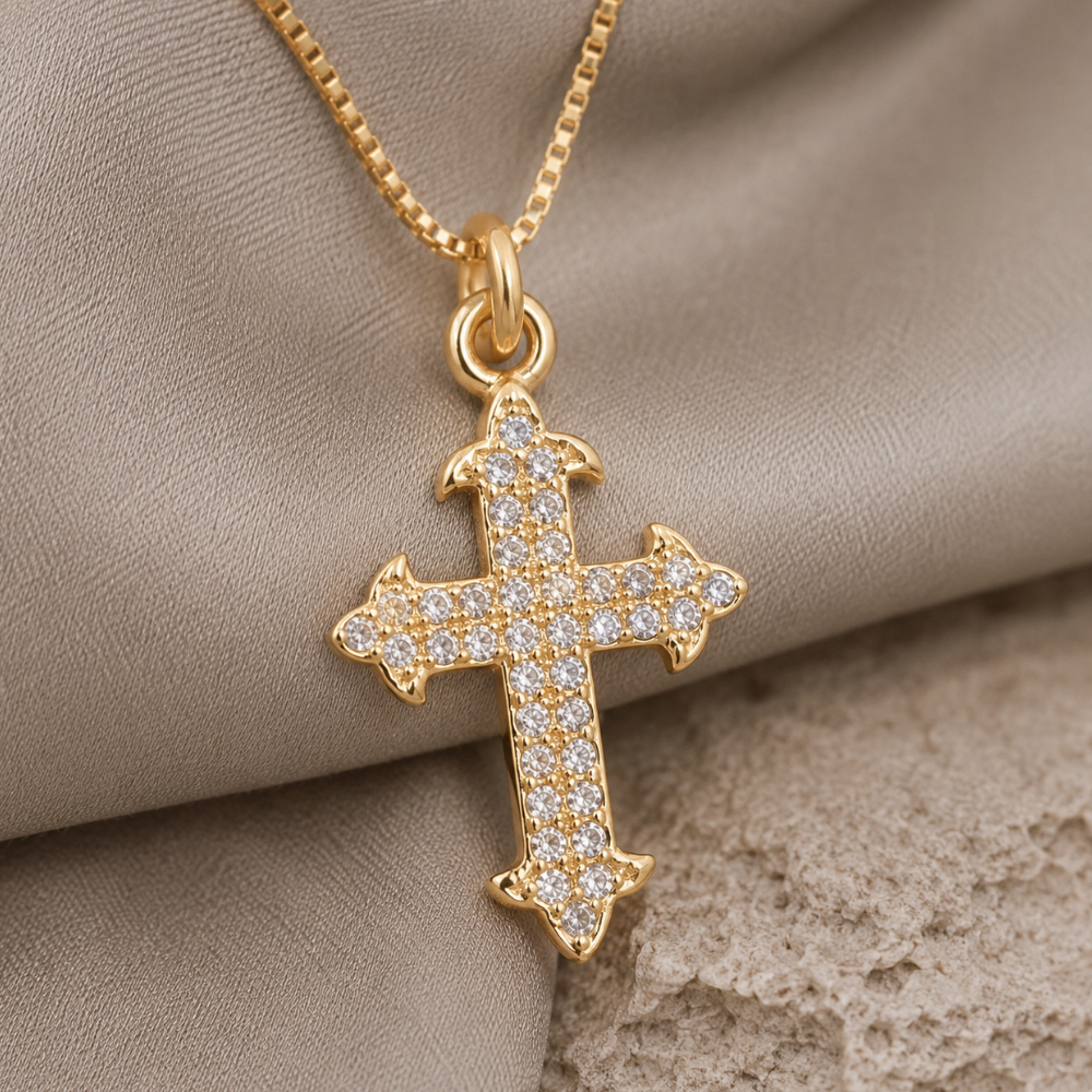 18" 14 Karat Gold Plated Diamond Studded Ornate Cross Necklace