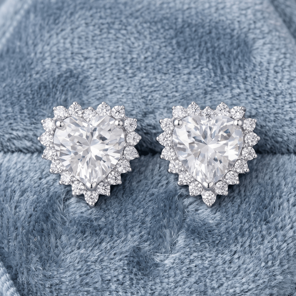 Rhodium Plated CZ Heart Halo Stud Earrings