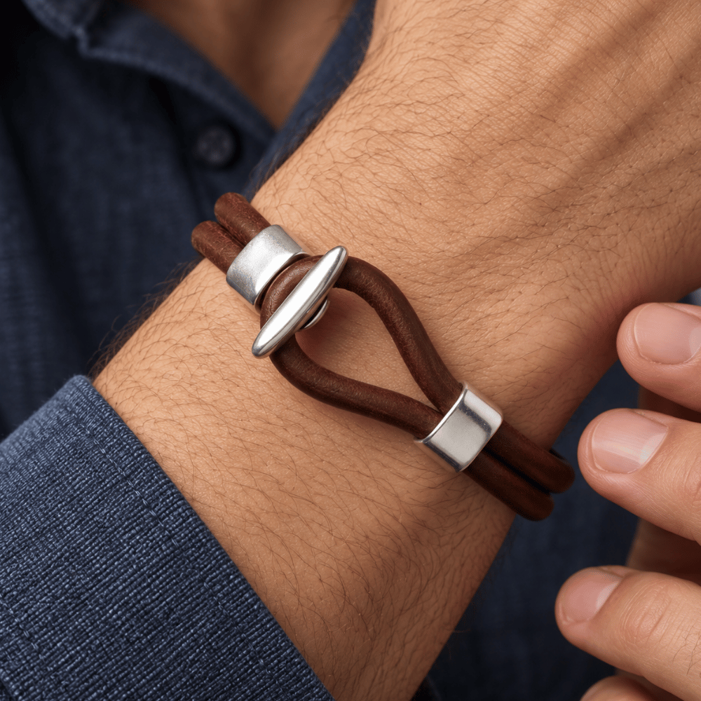 9" Men's Leather and Silver Tone Bracelet