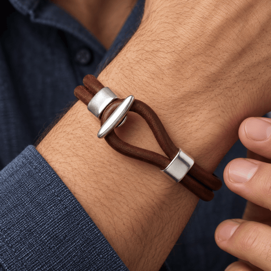 9" Men's Leather and Silver Tone Bracelet