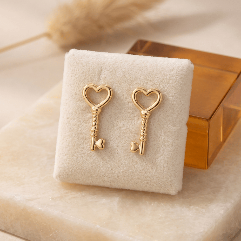 14 Karat Gold Plated Heart Key Stud Earrings