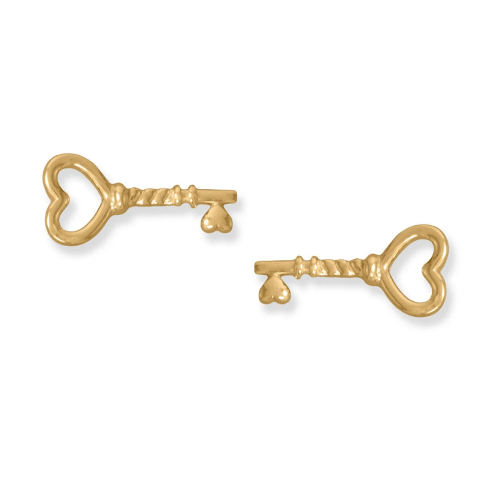 14 Karat Gold Plated Heart Key Stud Earrings