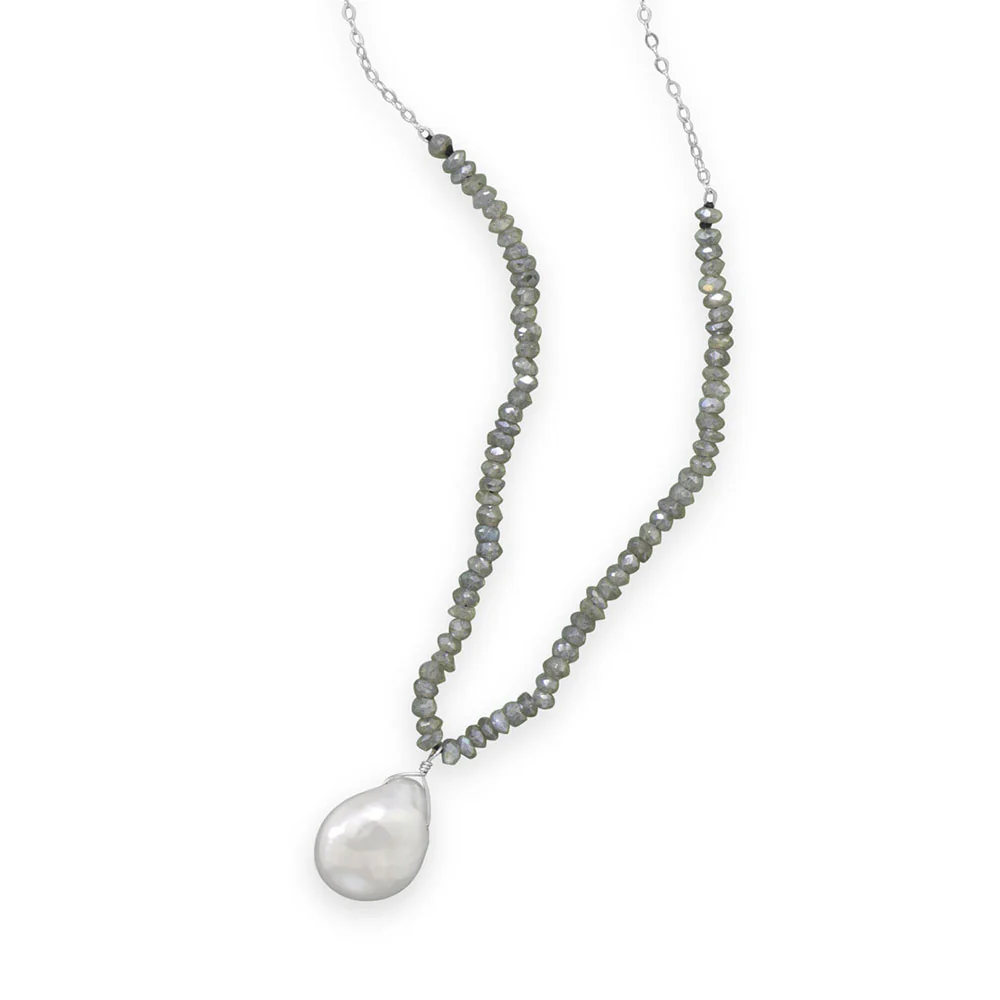 16" + 2" Labradorite and Baroque Pearl Drop Necklace