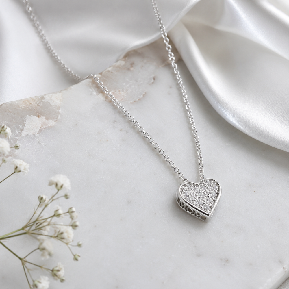 16" + 2" Pave CZ Heart "MOM" Necklace