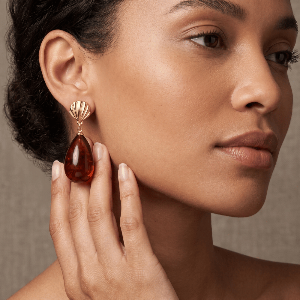 Gold Tone Shell and Marbled Acrylic Drop Fashion Earrings