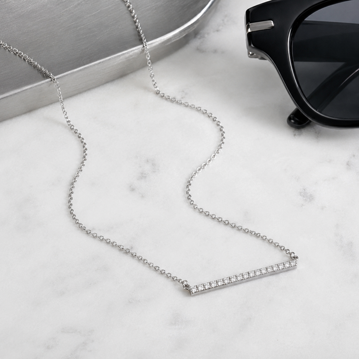 16" + 2" Rhodium Plated CZ Bar Necklace