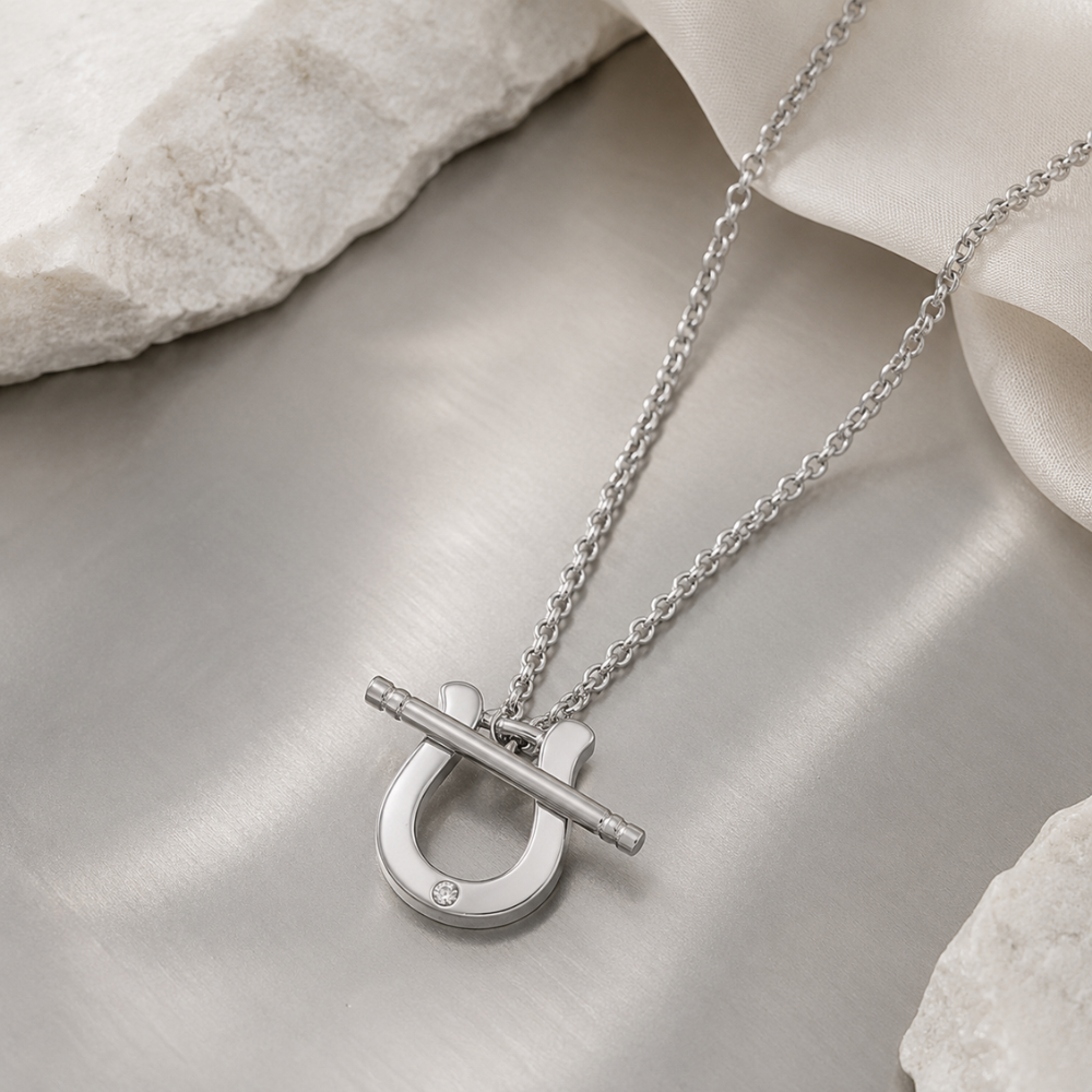 16" Rhodium Plated CZ Horseshoe Toggle Necklace