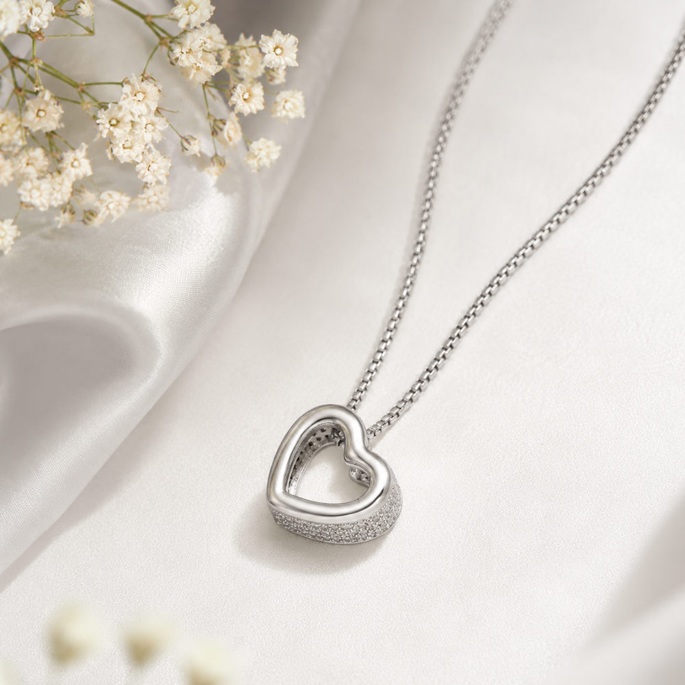 16" + 2" Rhodium Plated CZ Lined Floating Heart Necklace