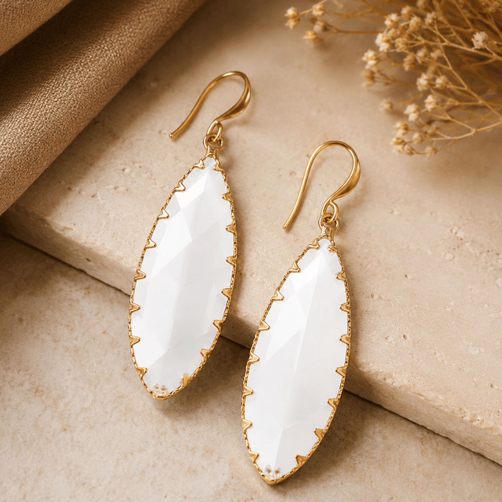 Gold Tone Etched Leaf Glass French Wire Fashion Earrings