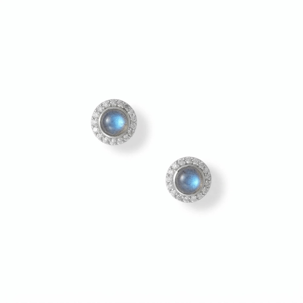 Rhodium Plated Labradorite and CZ Halo Stud Earrings