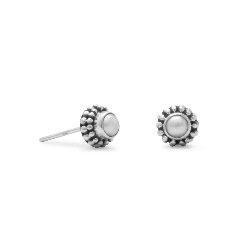 Cultured Freshwater Pearl Bali Stud Earrings